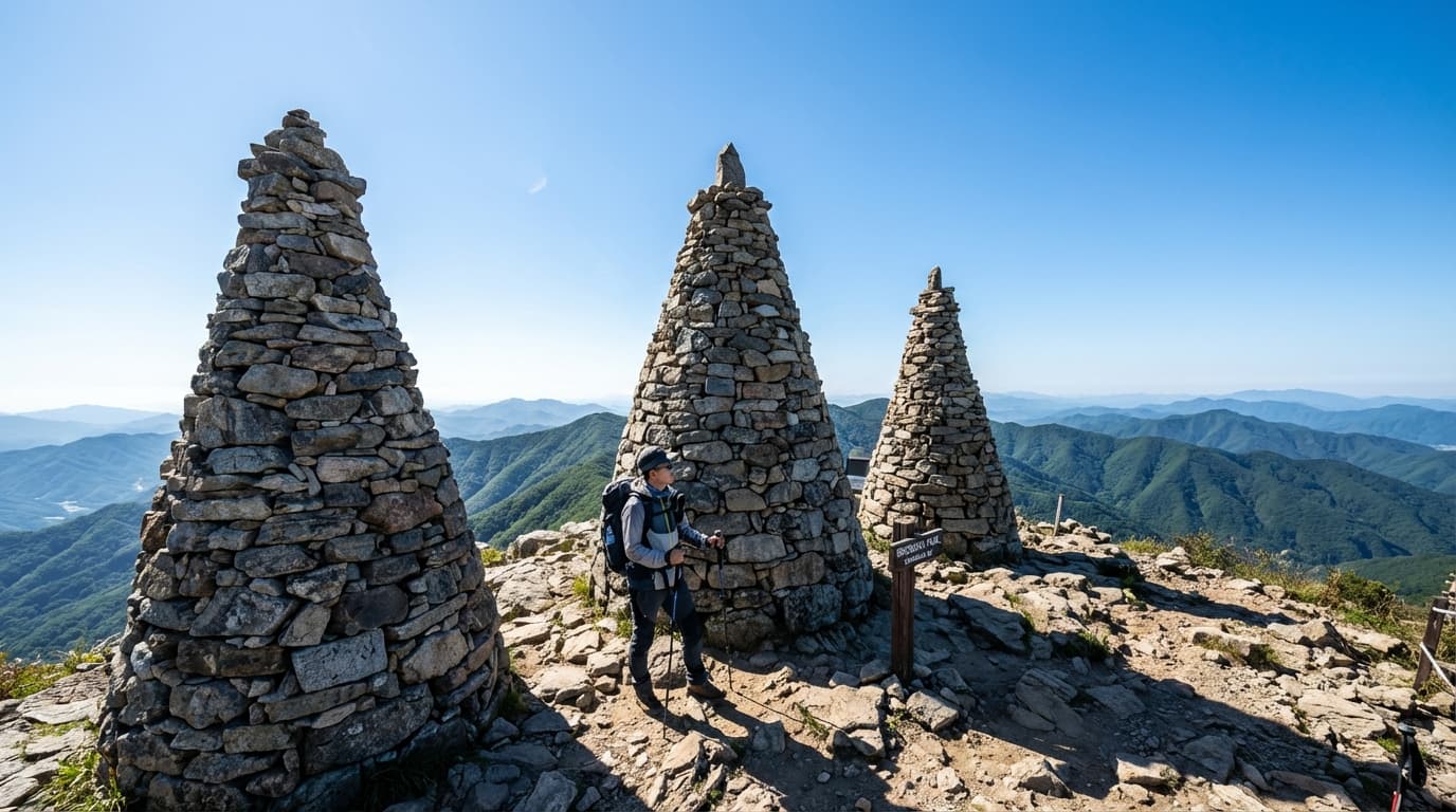Hiker among stone pagodas in Wonju